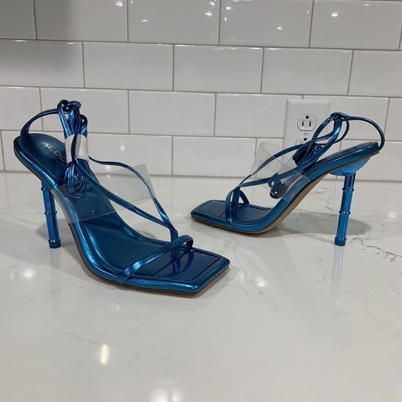 Aldo | Heels Strappy Sandals Elektra Blue NEW Square Toe- Size 9 - Picture 9 of 9